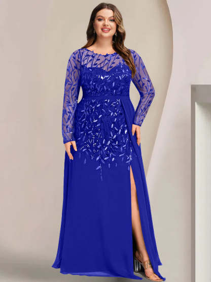 Plus Size Floor-Length Mother of the Bride A-Line Dress with Scoop Neck Long Sleeves Side Split Ruffles & Sequins-BMbridal.UK