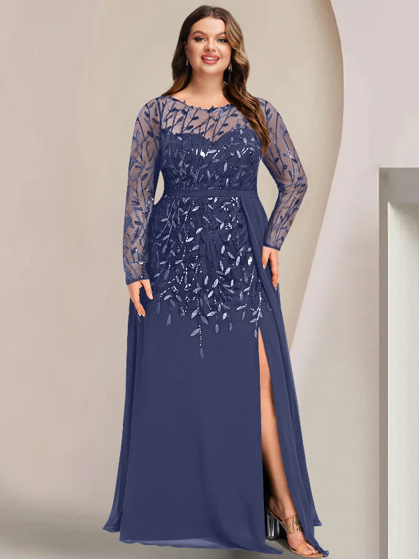 Plus Size Floor-Length Mother of the Bride A-Line Dress with Scoop Neck Long Sleeves Side Split Ruffles & Sequins-BMbridal.UK