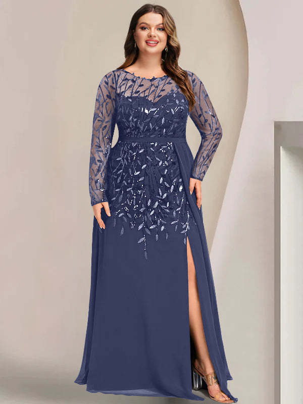Plus Size Floor-Length Mother of the Bride A-Line Dress with Scoop Neck Long Sleeves Side Split Ruffles & Sequins-BMbridal.UK