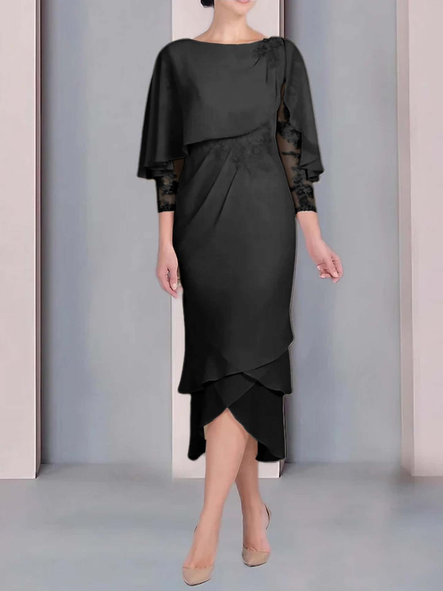 Tea-Length Mother of the Bride Dress with Scoop Neck Short Sleeves and Appliqued Lace