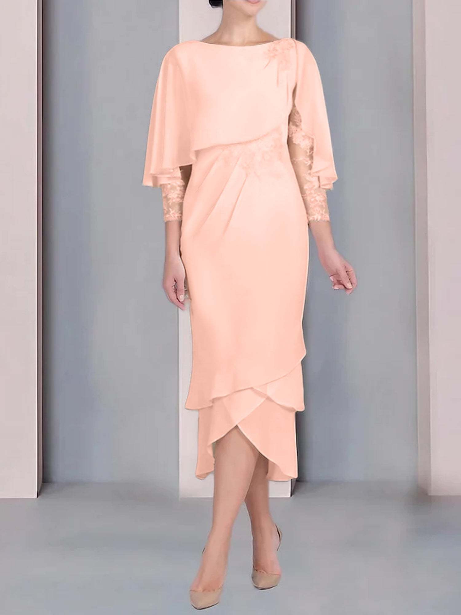 Tea-Length Mother of the Bride Dress with Scoop Neck Short Sleeves and Appliqued Lace