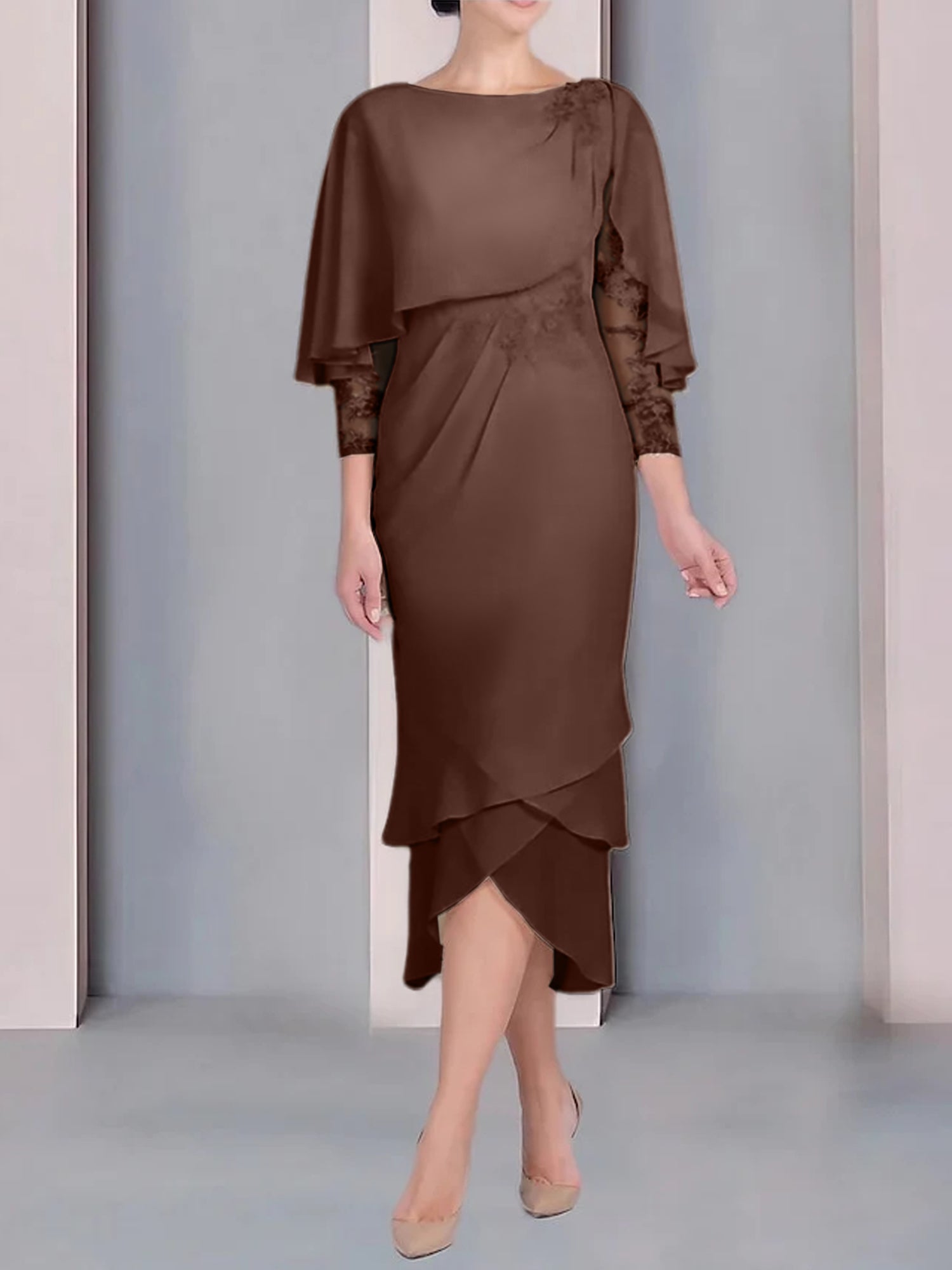 Tea-Length Mother of the Bride Dress with Scoop Neck Short Sleeves and Appliqued Lace