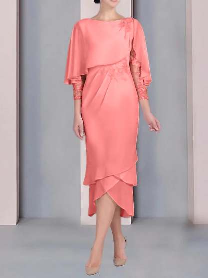 Tea-Length Mother of the Bride Dress with Scoop Neck Short Sleeves and Appliqued Lace