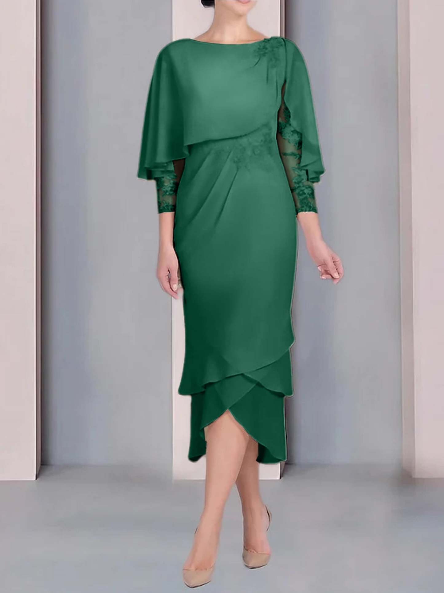 Tea-Length Mother of the Bride Dress with Scoop Neck Short Sleeves and Appliqued Lace