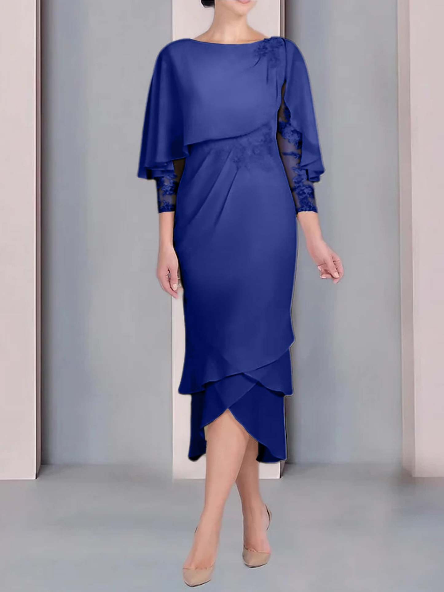 Tea-Length Mother of the Bride Dress with Scoop Neck Short Sleeves and Appliqued Lace