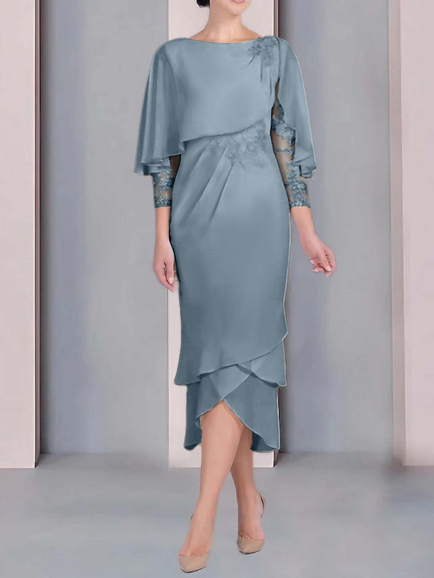 Tea-Length Mother of the Bride Dress with Scoop Neck Short Sleeves and Appliqued Lace