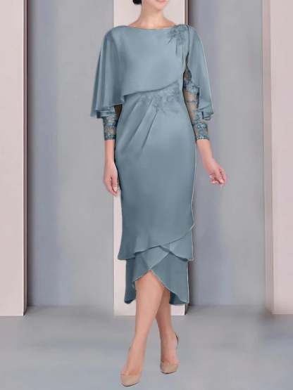 Tea-Length Mother of the Bride Dress with Scoop Neck Short Sleeves and Appliqued Lace