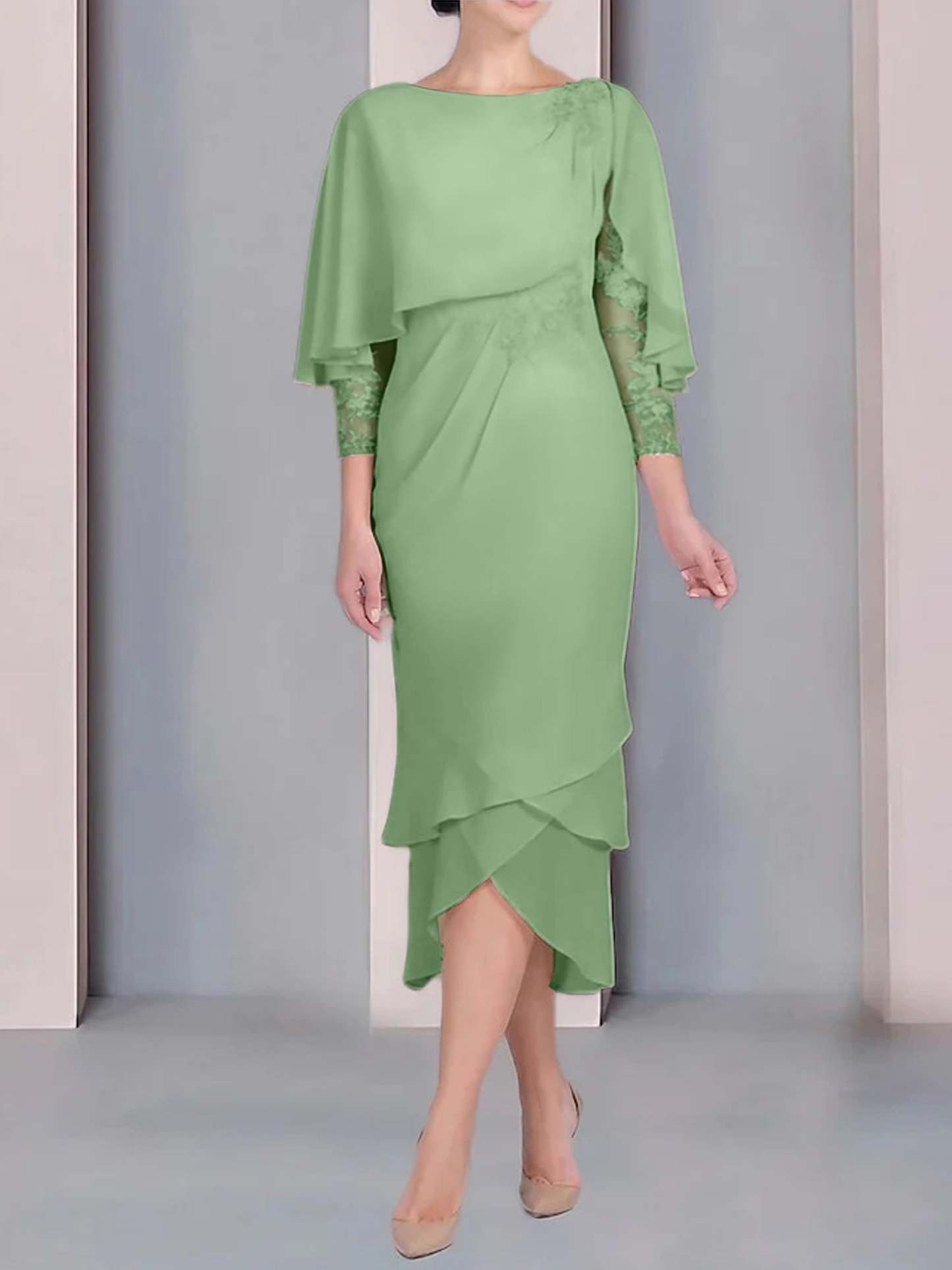 Tea-Length Mother of the Bride Dress with Scoop Neck Short Sleeves and Appliqued Lace