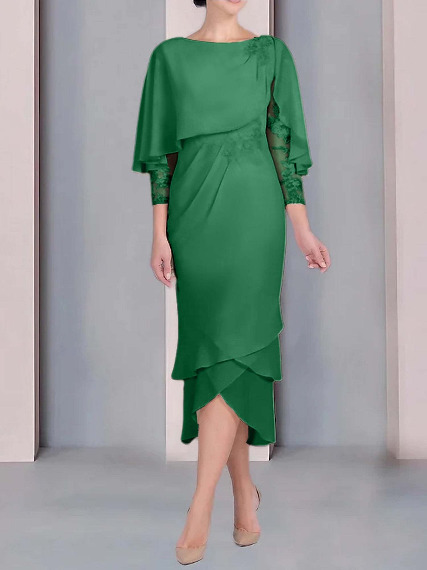 Tea-Length Mother of the Bride Dress with Scoop Neck Short Sleeves and Appliqued Lace