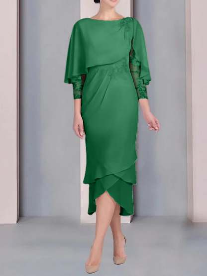 Tea-Length Mother of the Bride Dress with Scoop Neck Short Sleeves and Appliqued Lace