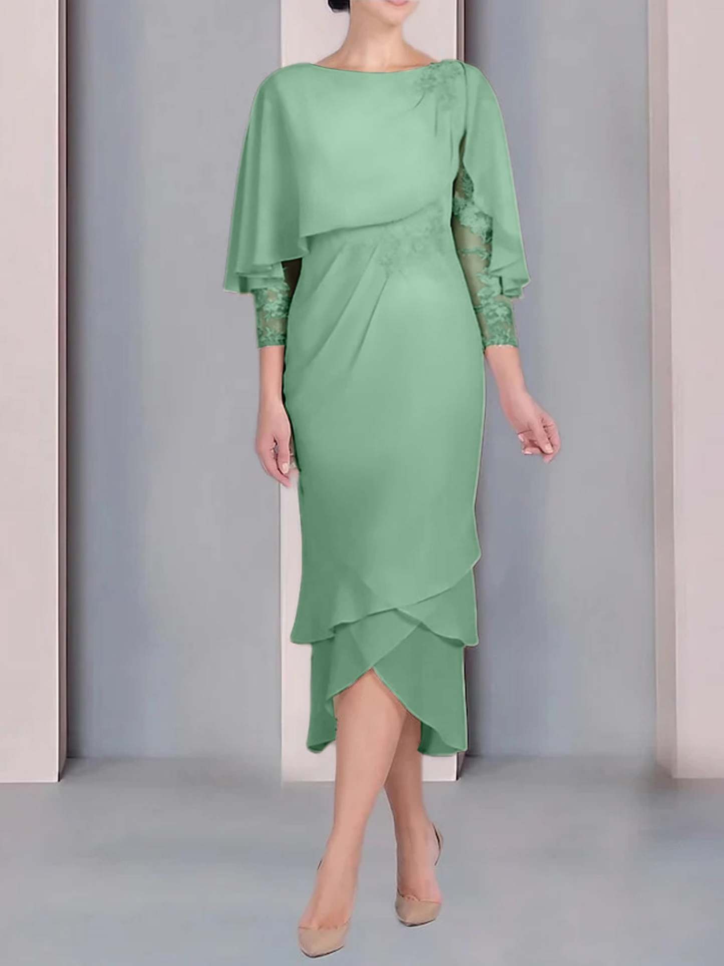 Tea-Length Mother of the Bride Dress with Scoop Neck Short Sleeves and Appliqued Lace