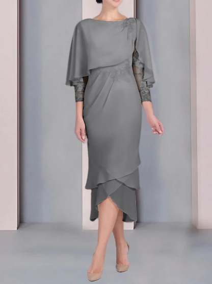 Tea-Length Mother of the Bride Dress with Scoop Neck Short Sleeves and Appliqued Lace