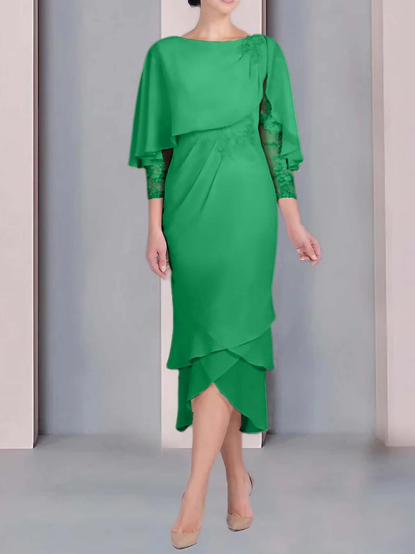 Tea-Length Mother of the Bride Dress with Scoop Neck Short Sleeves and Appliqued Lace