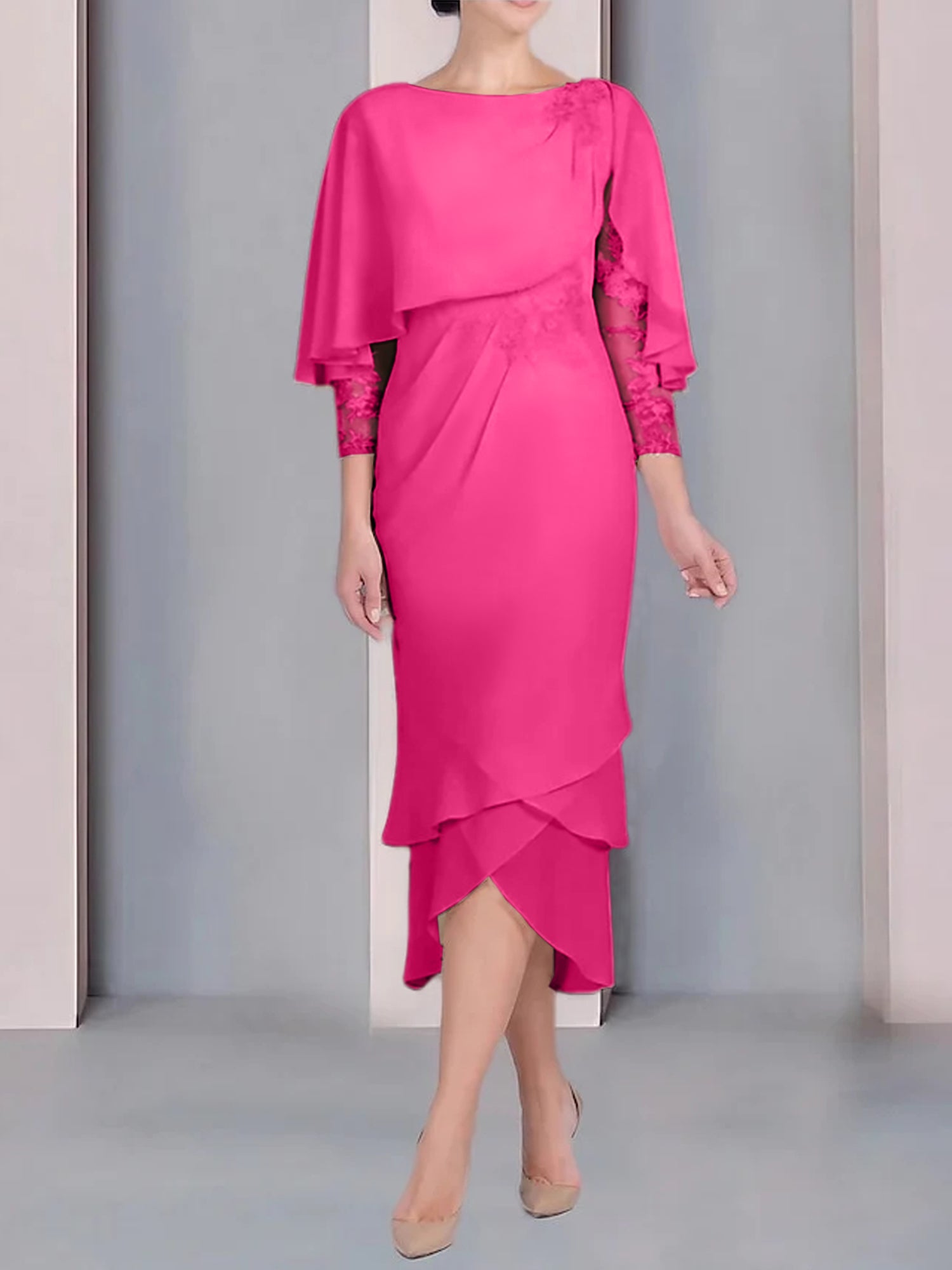 Tea-Length Mother of the Bride Dress with Scoop Neck Short Sleeves and Appliqued Lace