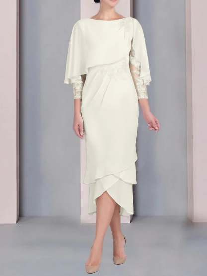 Tea-Length Mother of the Bride Dress with Scoop Neck Short Sleeves and Appliqued Lace