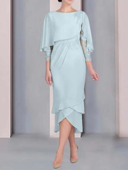 Tea-Length Mother of the Bride Dress with Scoop Neck Short Sleeves and Appliqued Lace