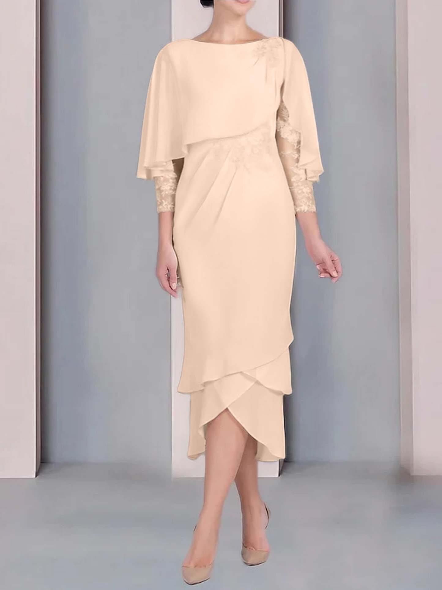 Tea-Length Mother of the Bride Dress with Scoop Neck Short Sleeves and Appliqued Lace