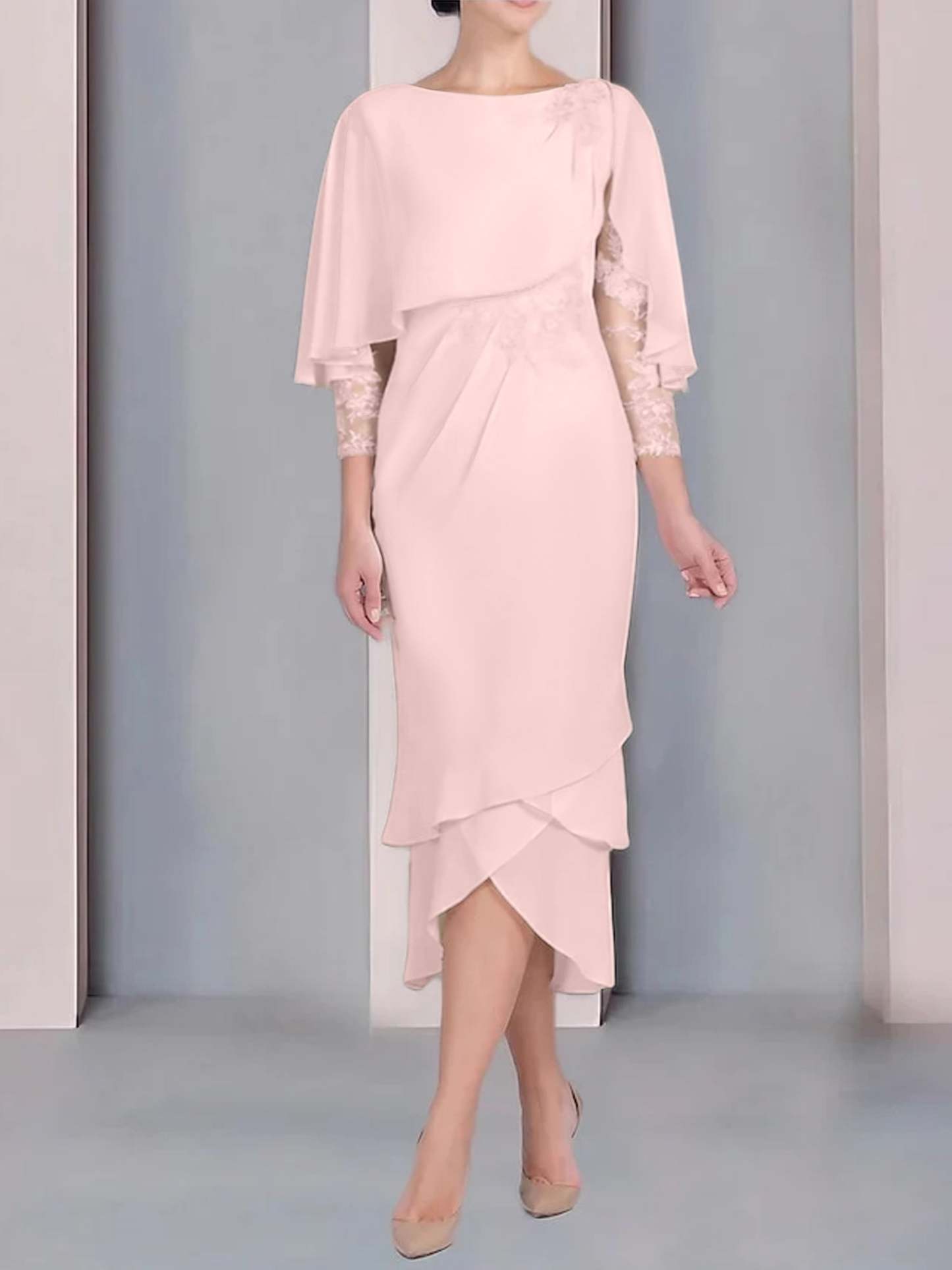 Tea-Length Mother of the Bride Dress with Scoop Neck Short Sleeves and Appliqued Lace