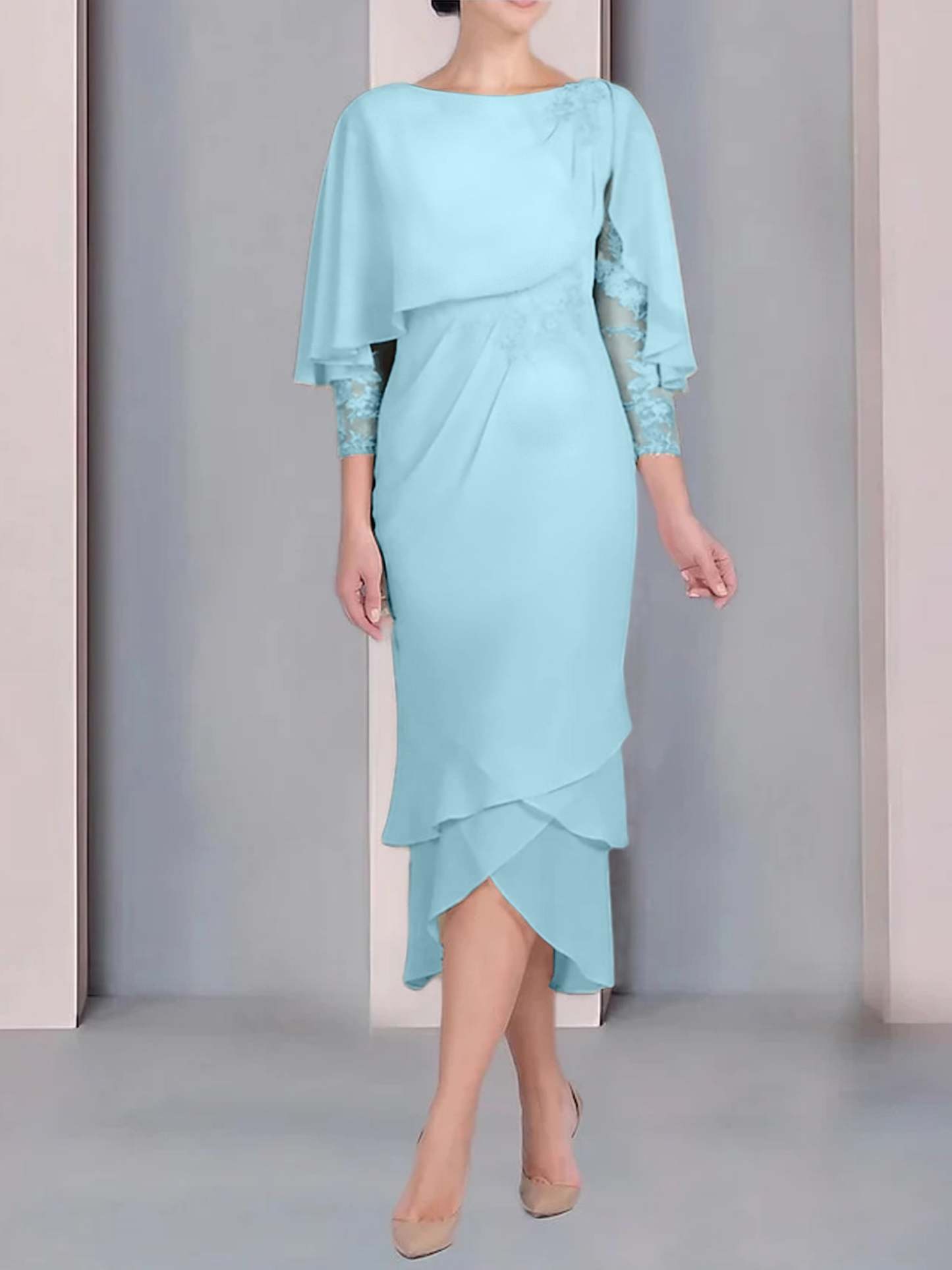 Tea-Length Mother of the Bride Dress with Scoop Neck Short Sleeves and Appliqued Lace