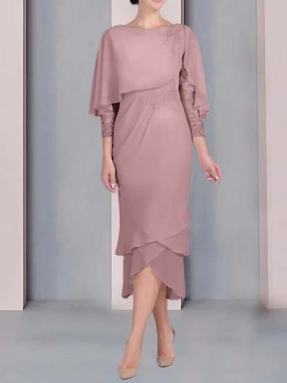 Tea-Length Mother of the Bride Dress with Scoop Neck Short Sleeves and Appliqued Lace