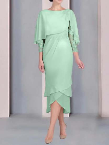 Tea-Length Mother of the Bride Dress with Scoop Neck Short Sleeves and Appliqued Lace