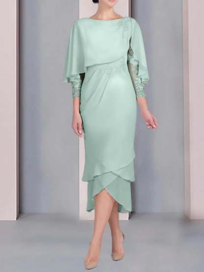 Tea-Length Mother of the Bride Dress with Scoop Neck Short Sleeves and Appliqued Lace