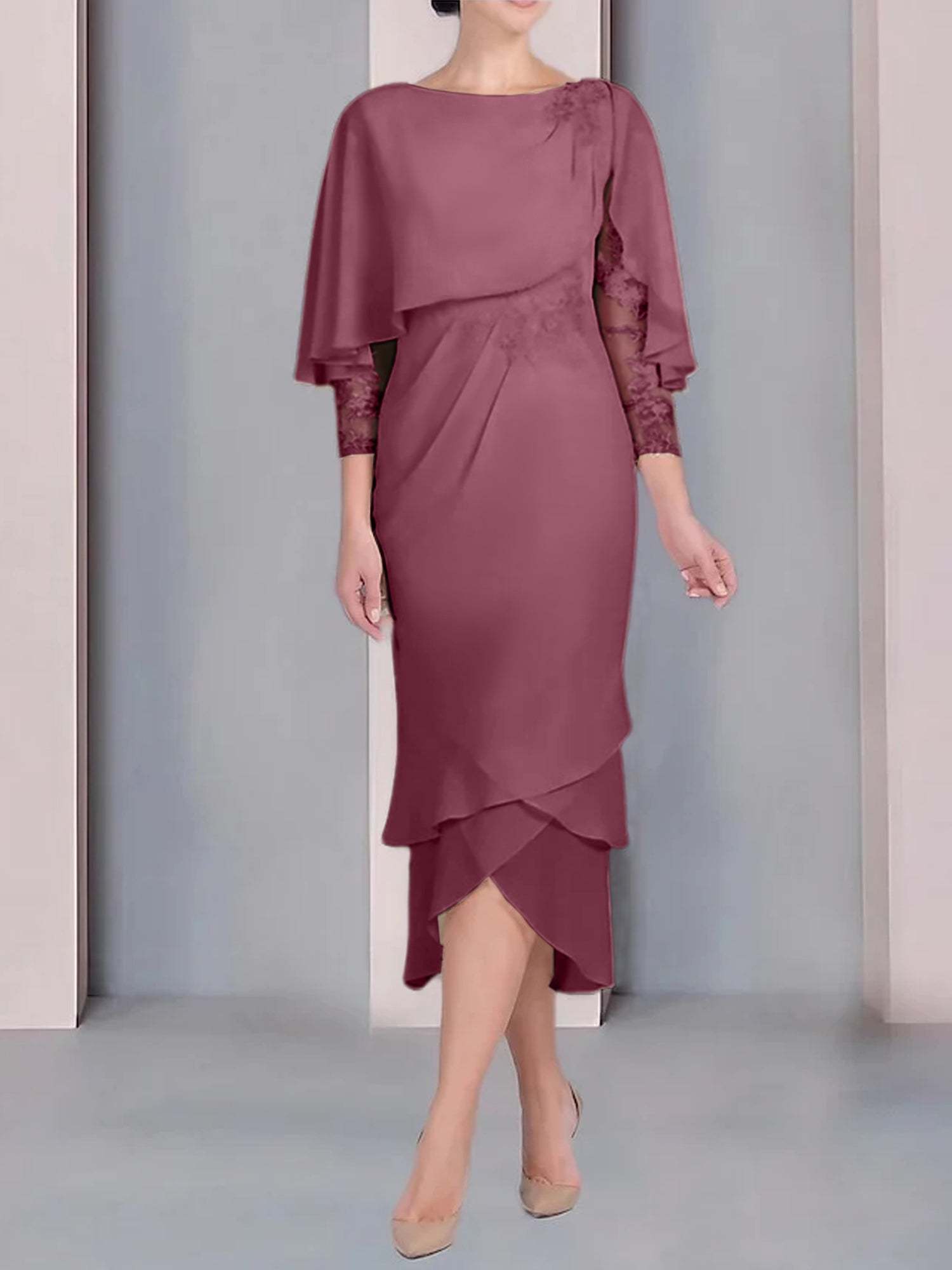 Tea-Length Mother of the Bride Dress with Scoop Neck Short Sleeves and Appliqued Lace