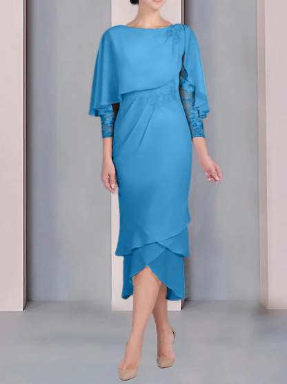 Tea-Length Mother of the Bride Dress with Scoop Neck Short Sleeves and Appliqued Lace