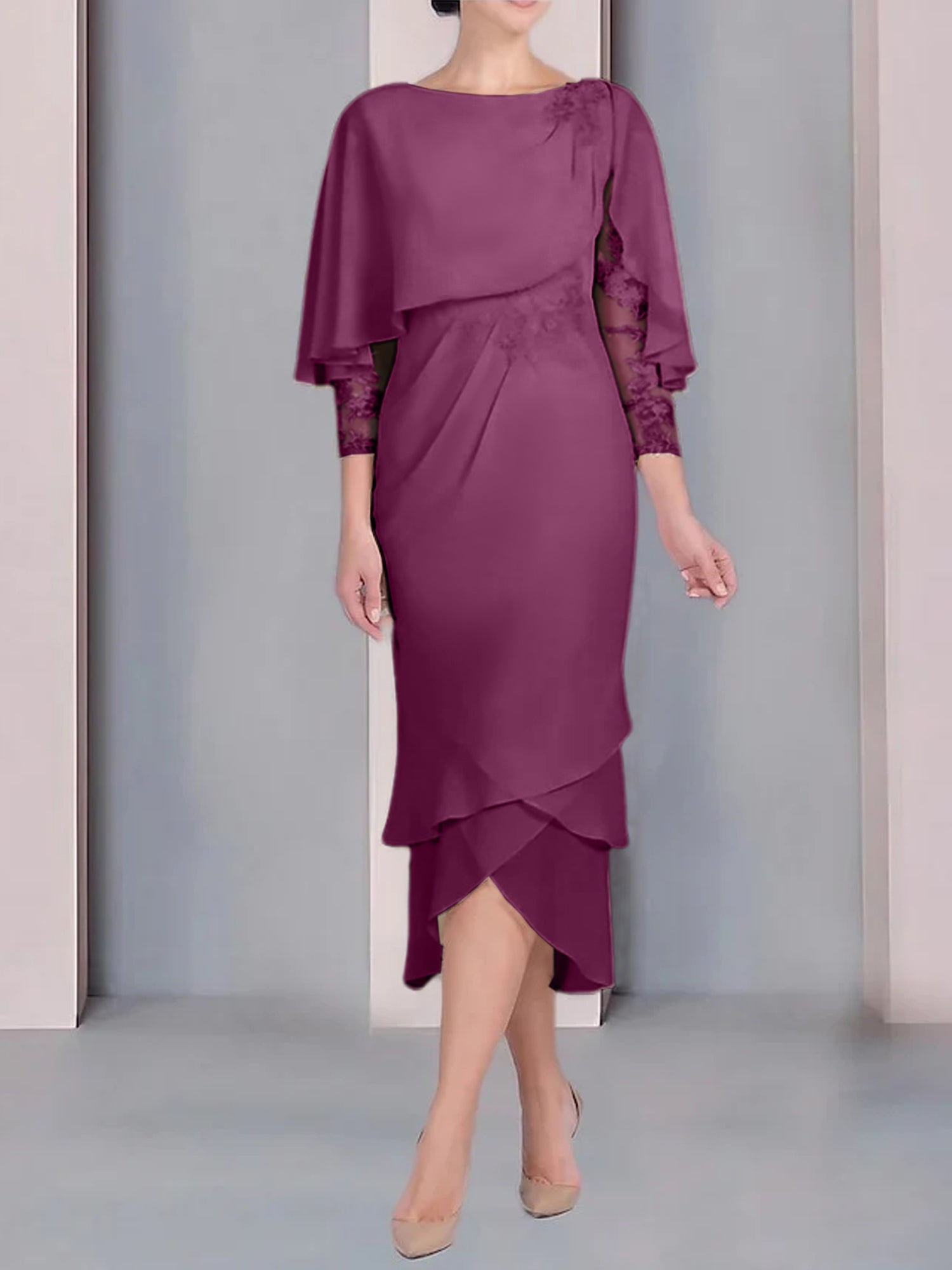 Tea-Length Mother of the Bride Dress with Scoop Neck Short Sleeves and Appliqued Lace