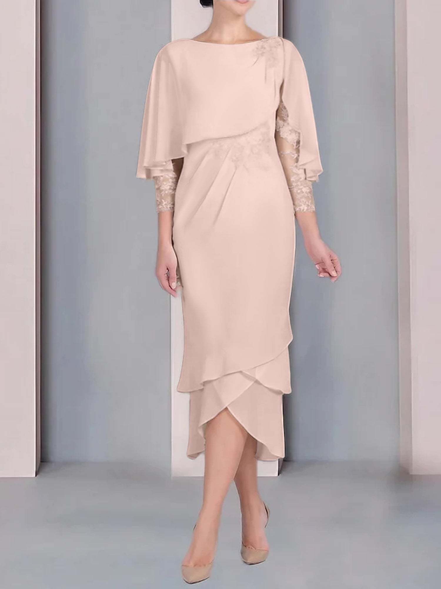 Tea-Length Mother of the Bride Dress with Scoop Neck Short Sleeves and Appliqued Lace