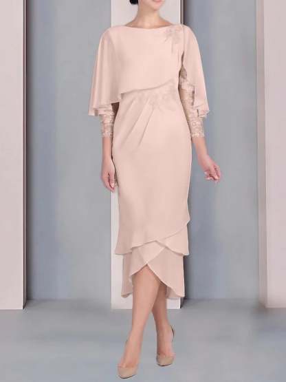 Tea-Length Mother of the Bride Dress with Scoop Neck Short Sleeves and Appliqued Lace