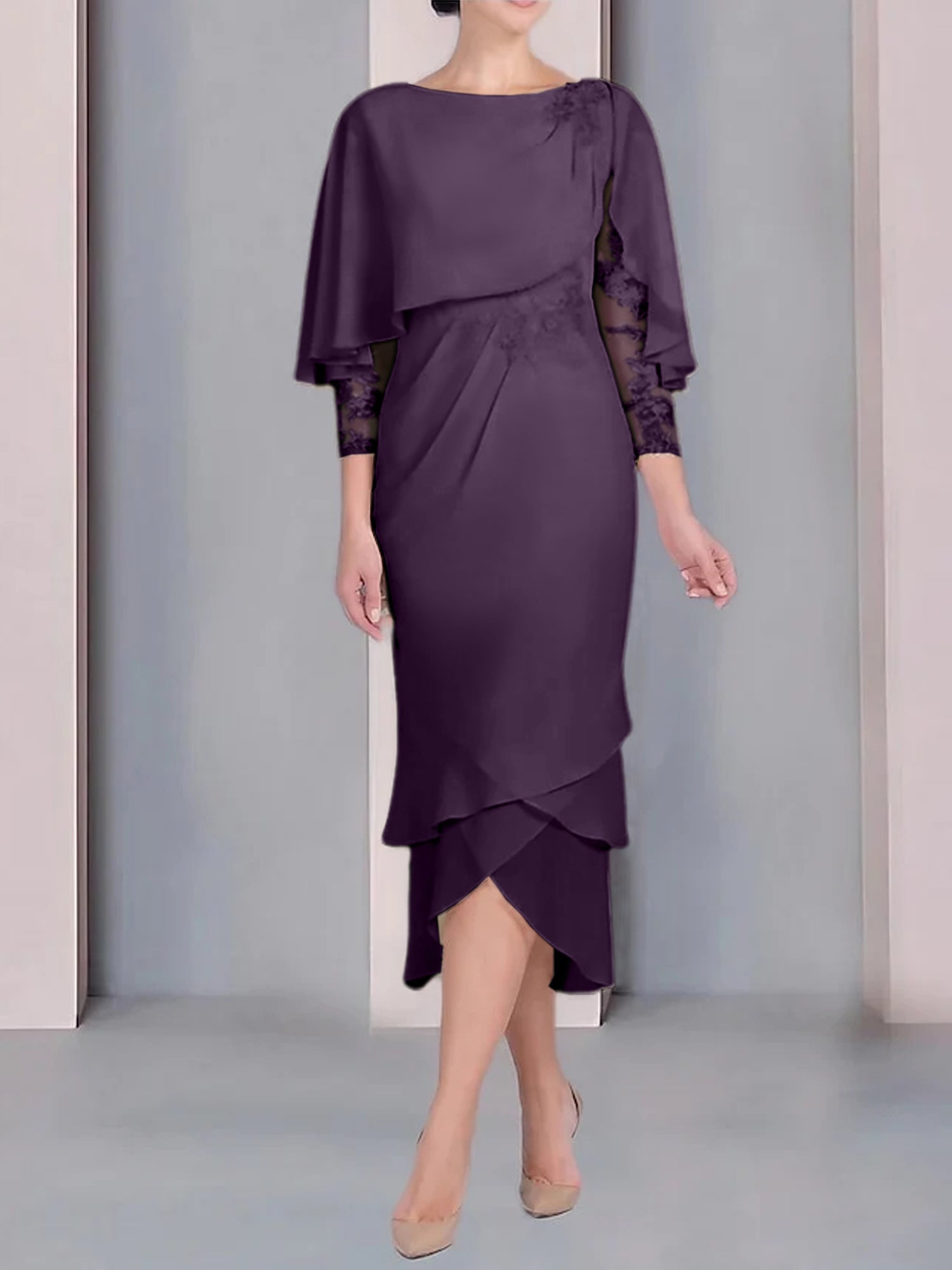 Tea-Length Mother of the Bride Dress with Scoop Neck Short Sleeves and Appliqued Lace