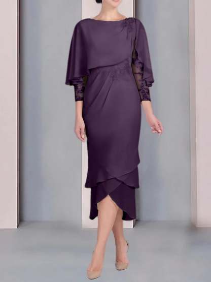 Tea-Length Mother of the Bride Dress with Scoop Neck Short Sleeves and Appliqued Lace