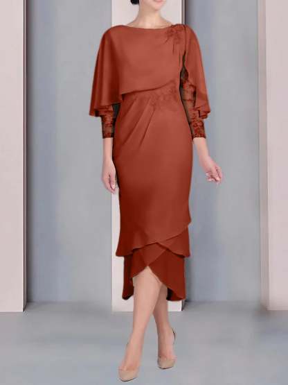 Tea-Length Mother of the Bride Dress with Scoop Neck Short Sleeves and Appliqued Lace