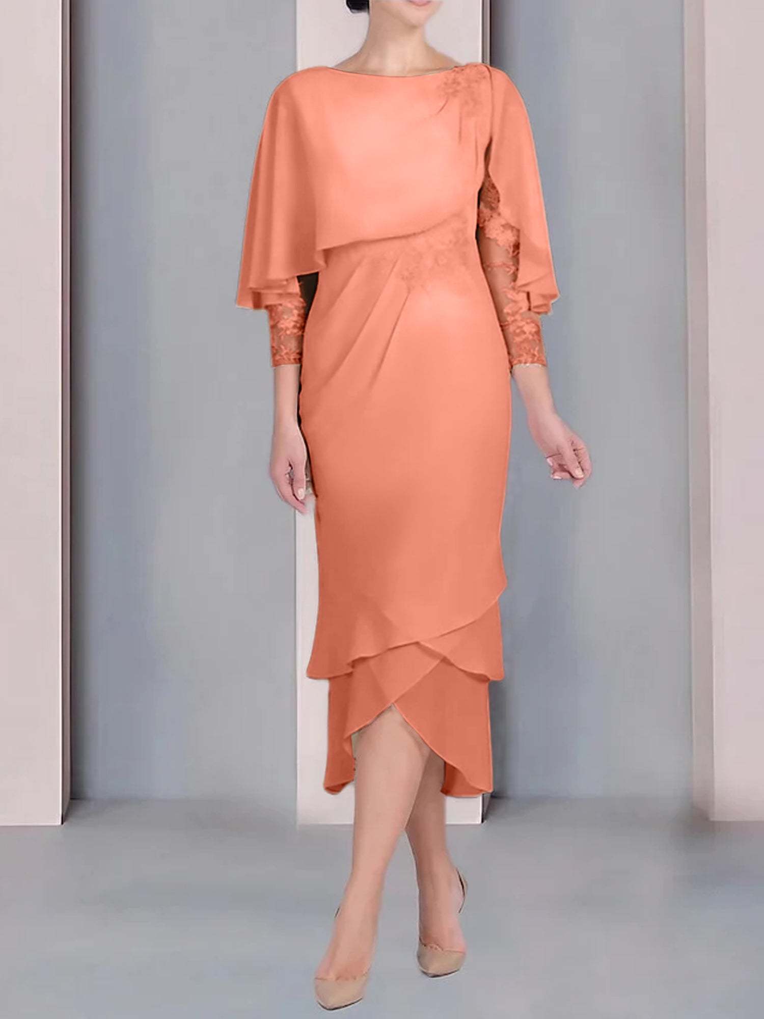 Tea-Length Mother of the Bride Dress with Scoop Neck Short Sleeves and Appliqued Lace