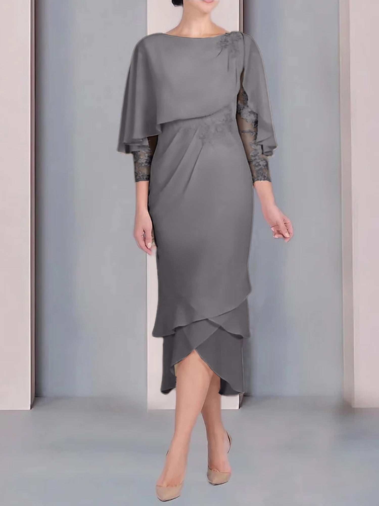 Tea-Length Mother of the Bride Dress with Scoop Neck Short Sleeves and Appliqued Lace