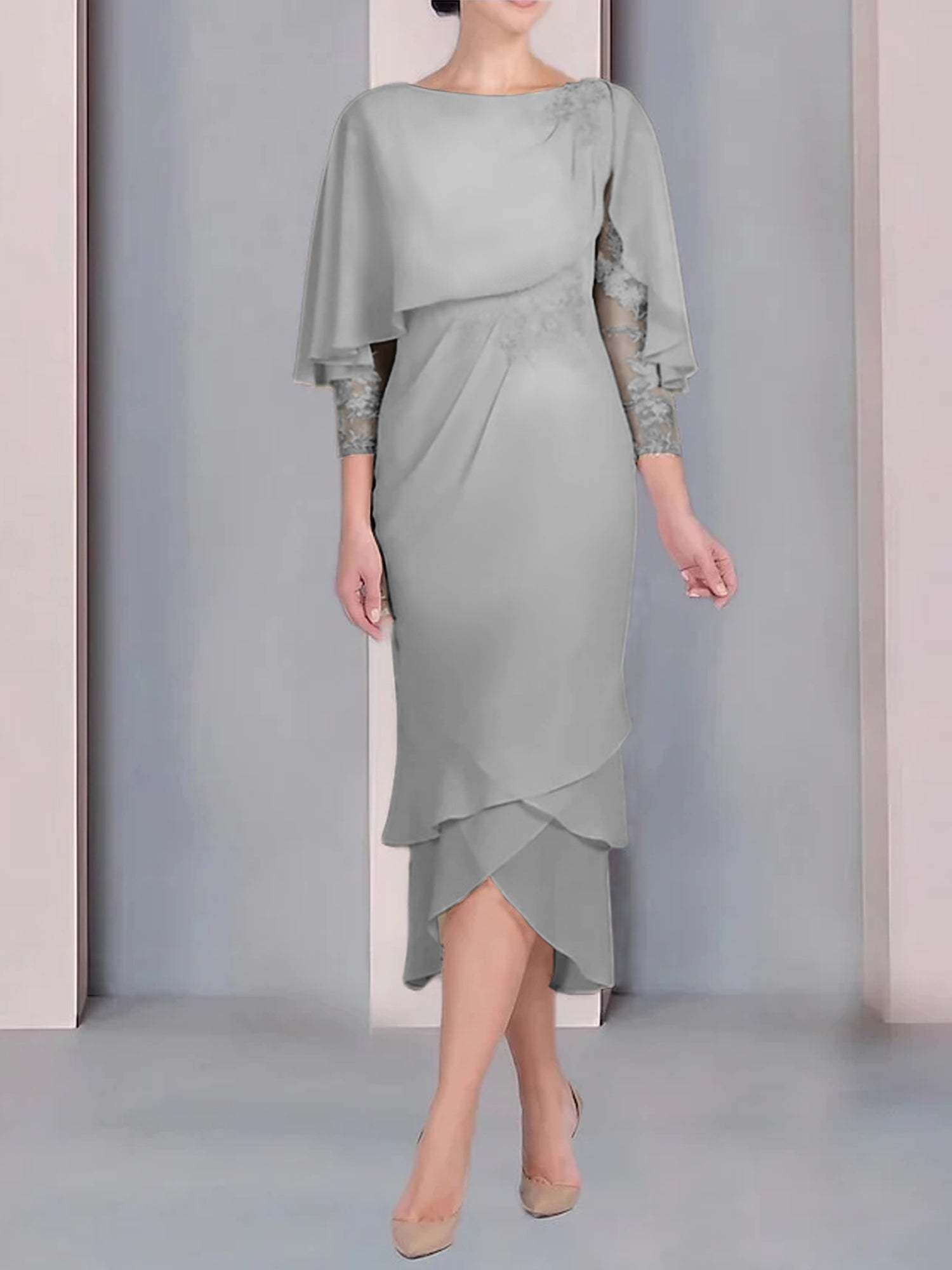 Tea-Length Mother of the Bride Dress with Scoop Neck Short Sleeves and Appliqued Lace