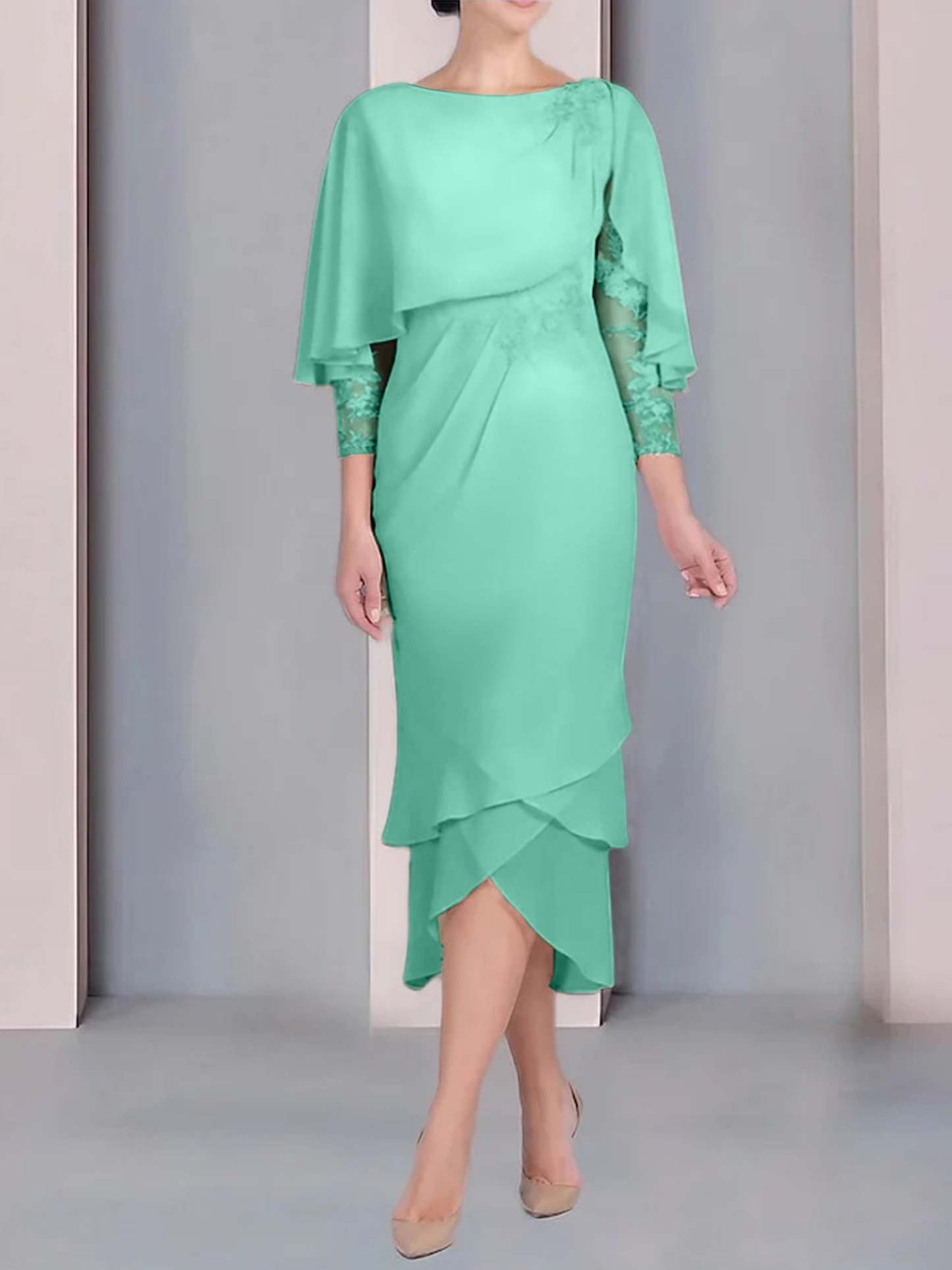 Tea-Length Mother of the Bride Dress with Scoop Neck Short Sleeves and Appliqued Lace