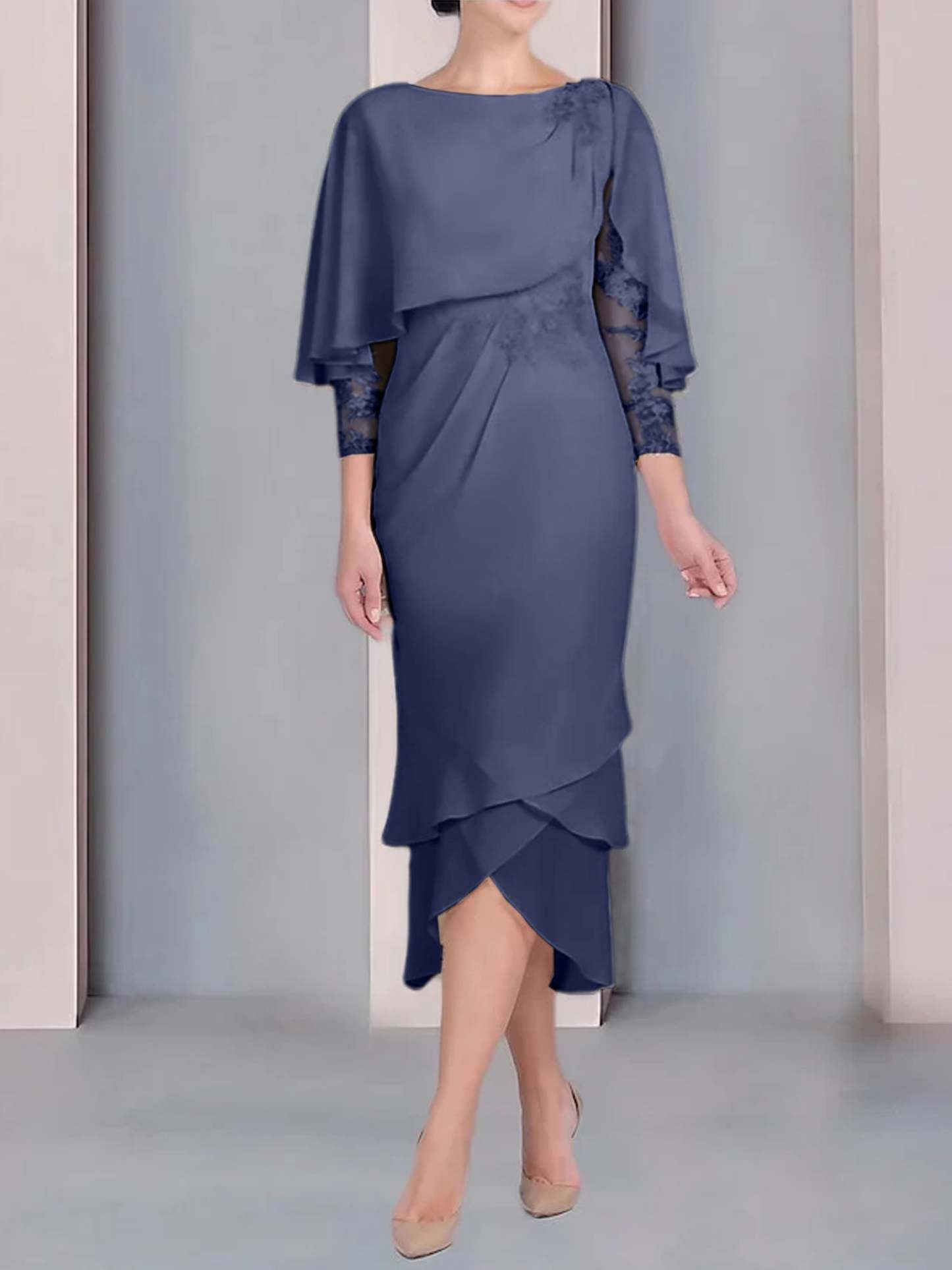 Tea-Length Mother of the Bride Dress with Scoop Neck Short Sleeves and Appliqued Lace