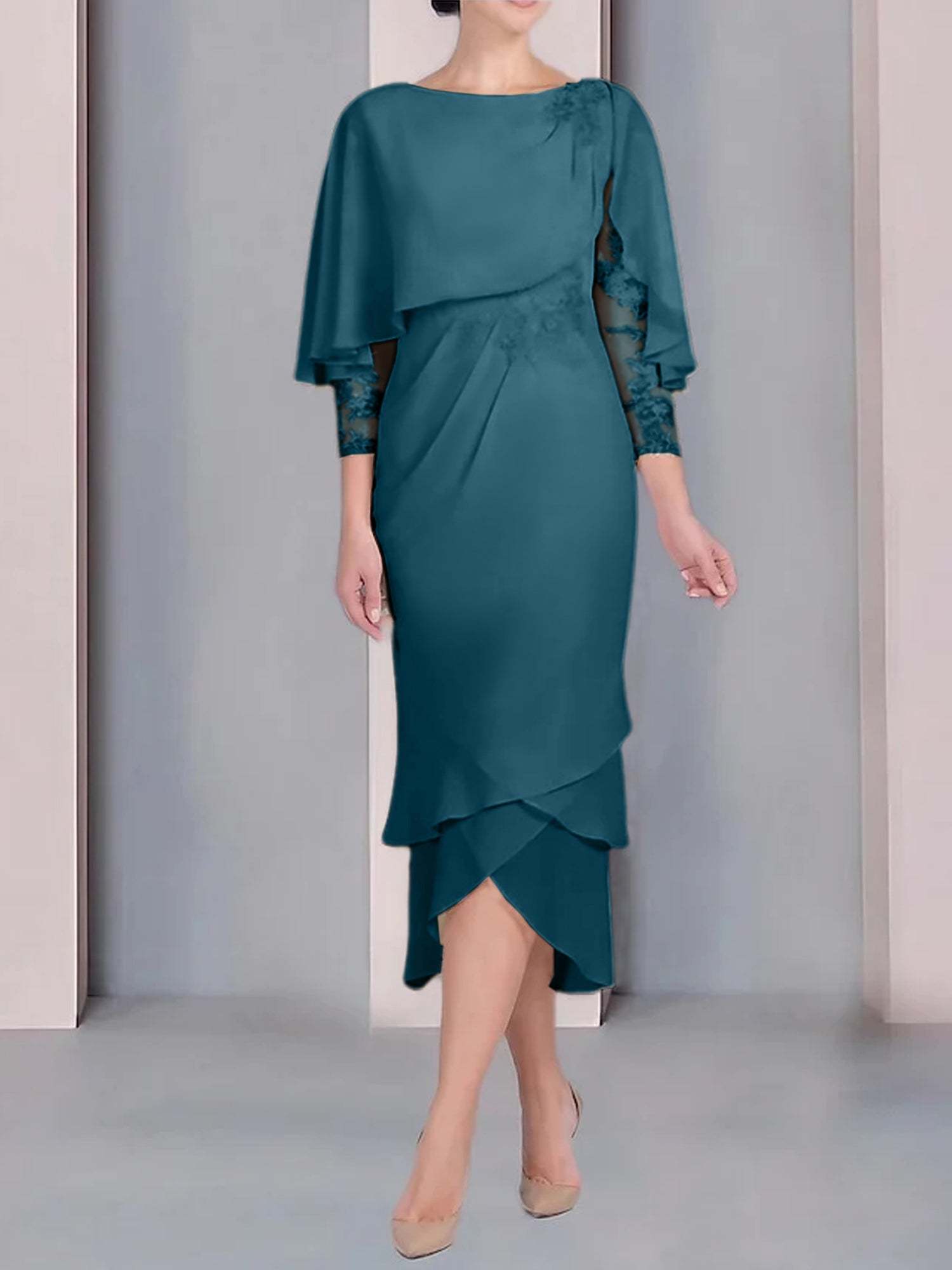 Tea-Length Mother of the Bride Dress with Scoop Neck Short Sleeves and Appliqued Lace