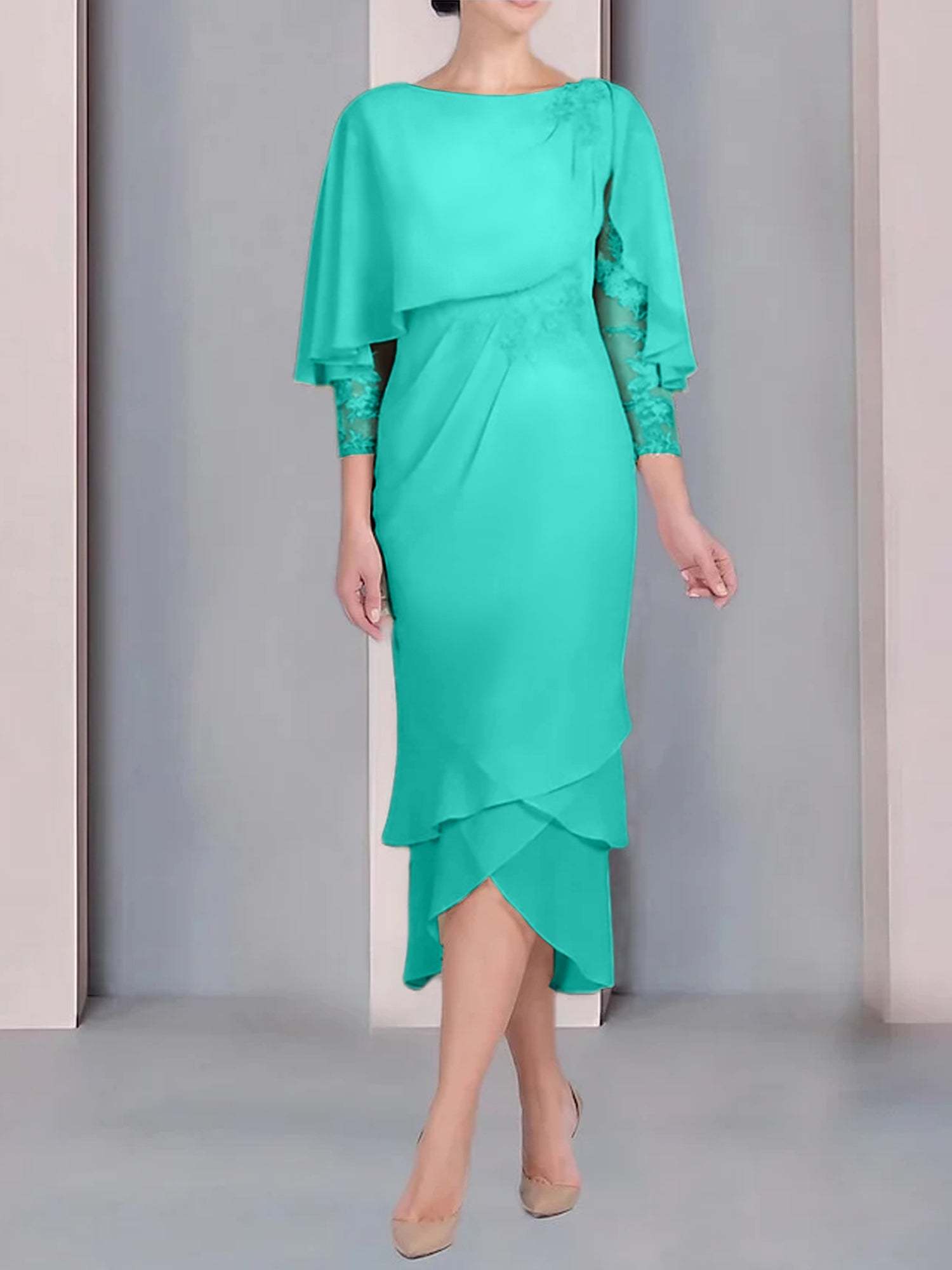 Tea-Length Mother of the Bride Dress with Scoop Neck Short Sleeves and Appliqued Lace