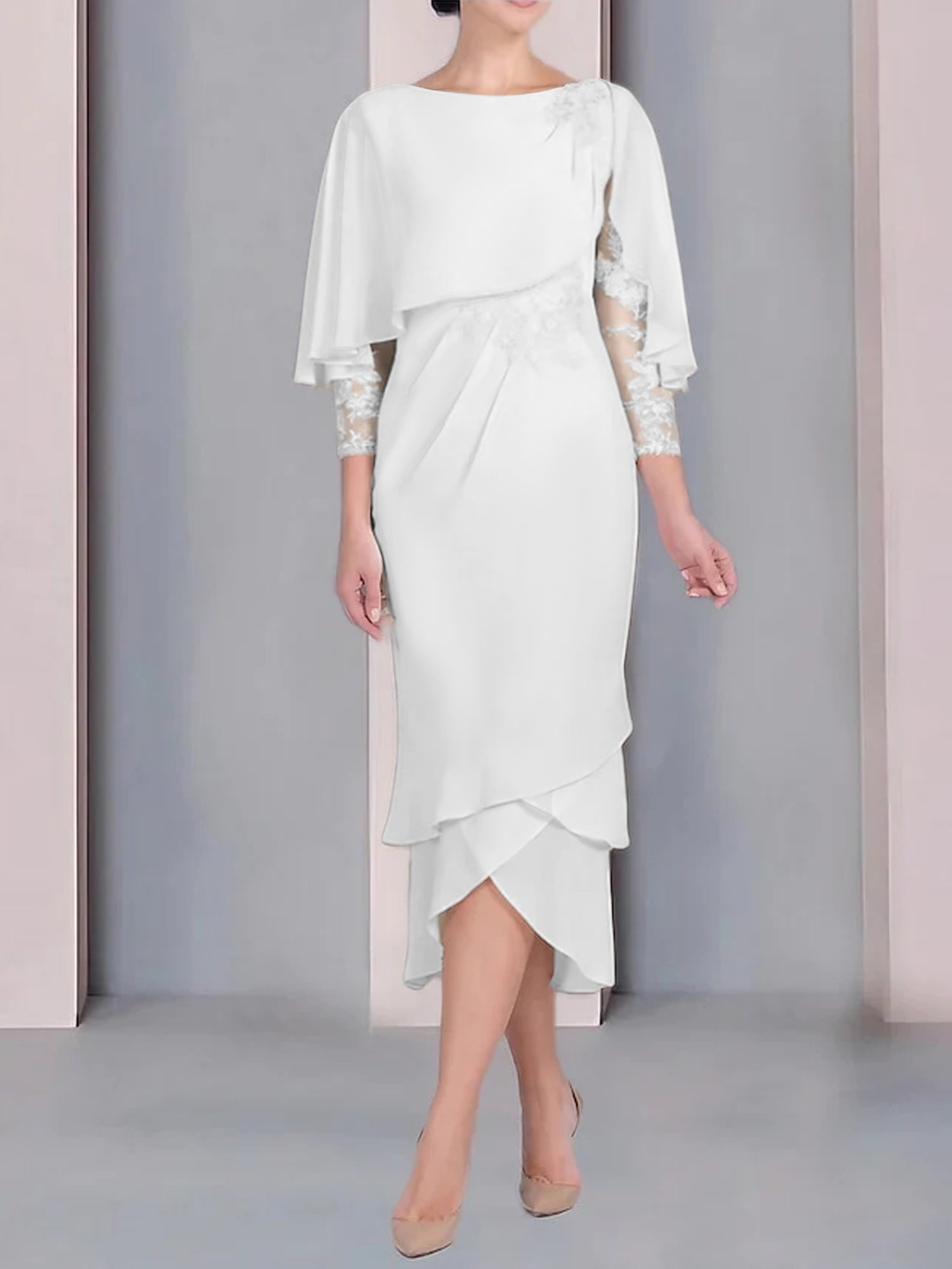 Tea-Length Mother of the Bride Dress with Scoop Neck Short Sleeves and Appliqued Lace