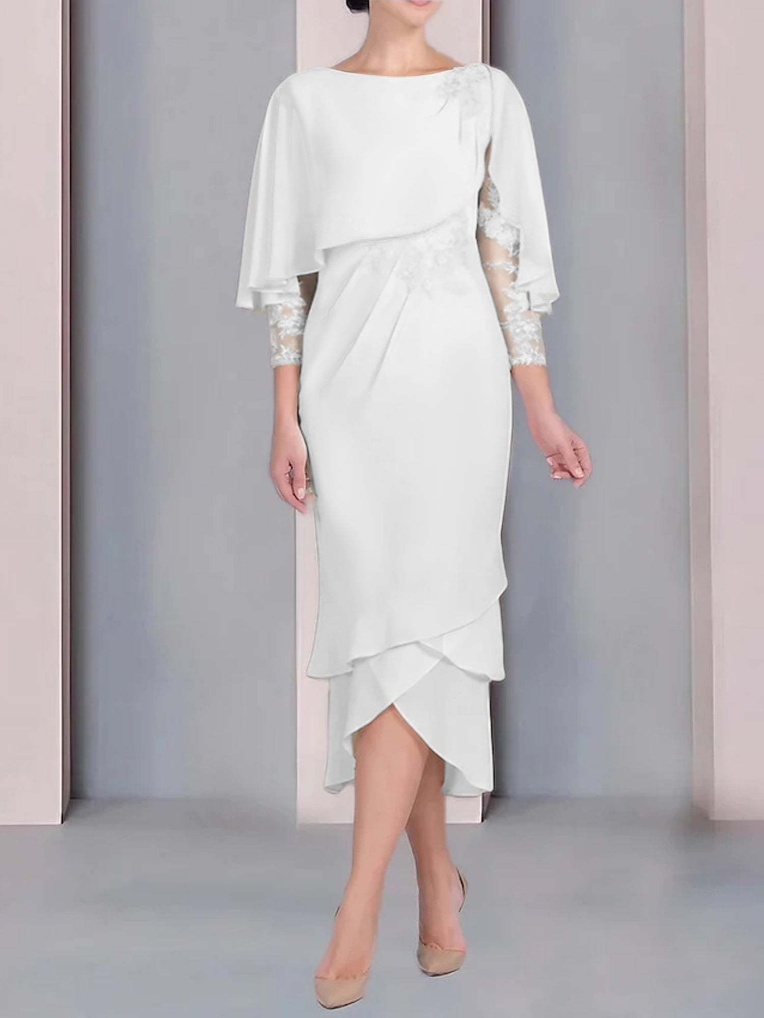 Tea-Length Mother of the Bride Dress with Scoop Neck Short Sleeves and Appliqued Lace