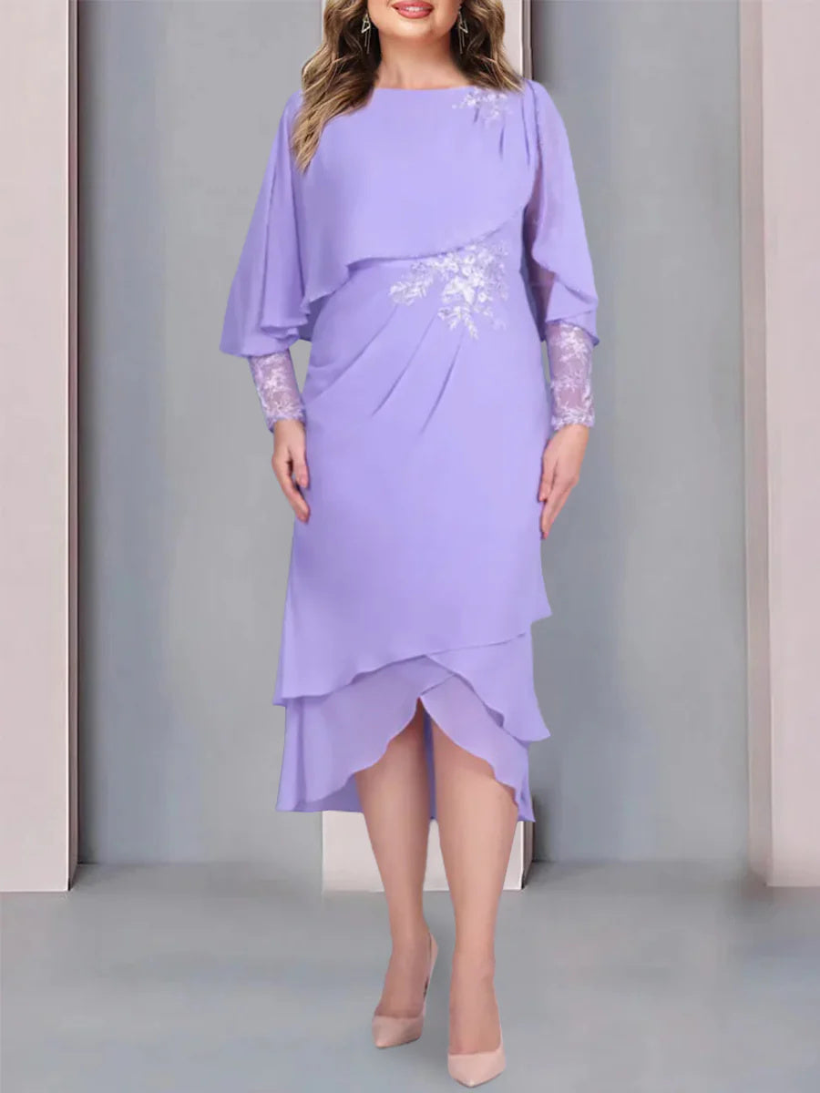 Plus Size Tea-Length Mother of the Bride Dress with Scoop Neck Short Sleeves and Lace Appliques