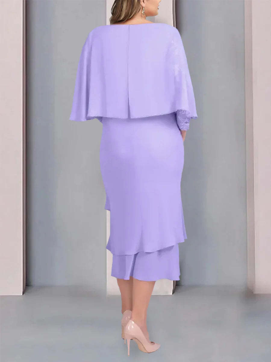 Plus Size Tea-Length Mother of the Bride Dress with Scoop Neck Short Sleeves and Lace Appliques