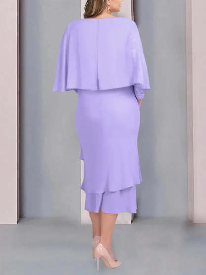 Plus Size Tea-Length Mother of the Bride Dress with Scoop Neck Short Sleeves and Lace Appliques