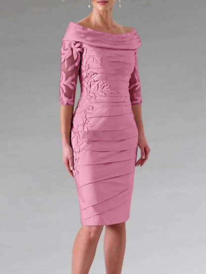 Half-Sleeve Knee-Length Sheath/Column Mother of the Bride Dress with Ruching and Appliques