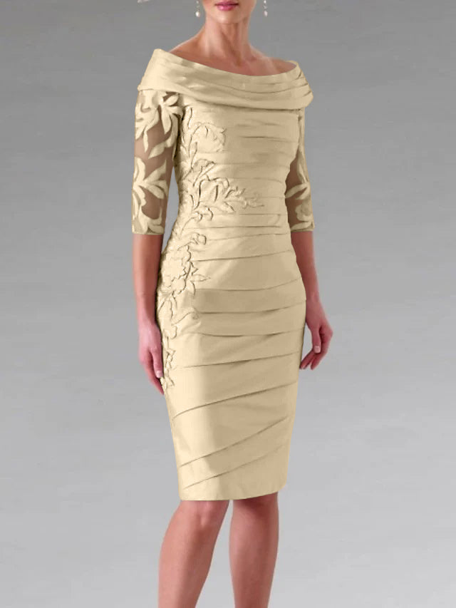 Half-Sleeve Knee-Length Sheath/Column Mother of the Bride Dress with Ruching and Appliques