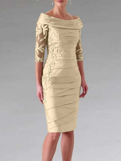 Half-Sleeve Knee-Length Sheath/Column Mother of the Bride Dress with Ruching and Appliques