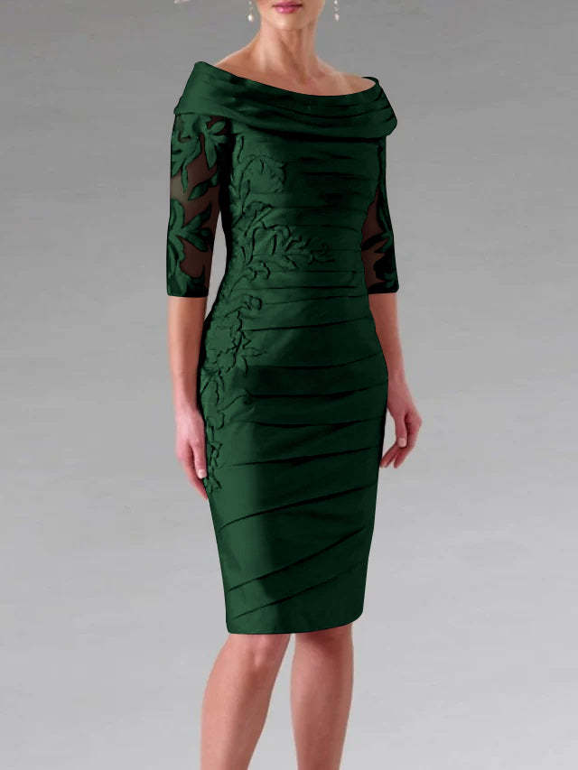 Half-Sleeve Knee-Length Sheath/Column Mother of the Bride Dress with Ruching and Appliques